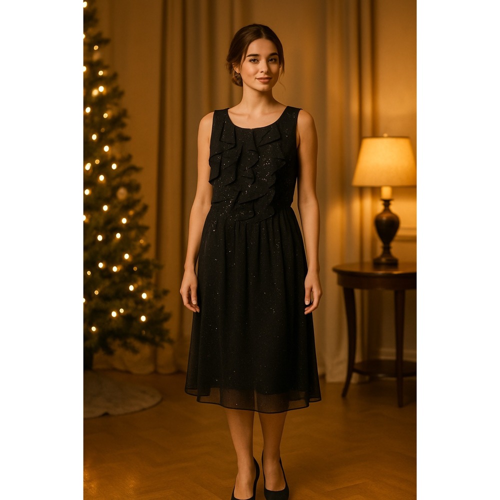 Another Thyme Vintage Black Sequin Ruffle Chiffon‎ Midi Dress Women's 12 Party